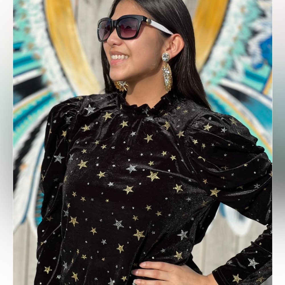 THML gold silver star black velvet longsleeve ruffle neck puff shoulders Medium